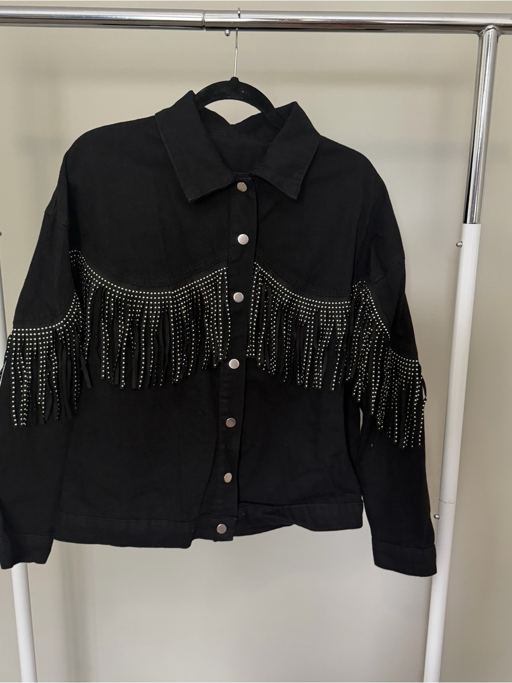 SHEIN Black Studded Fringe Denim Jacket